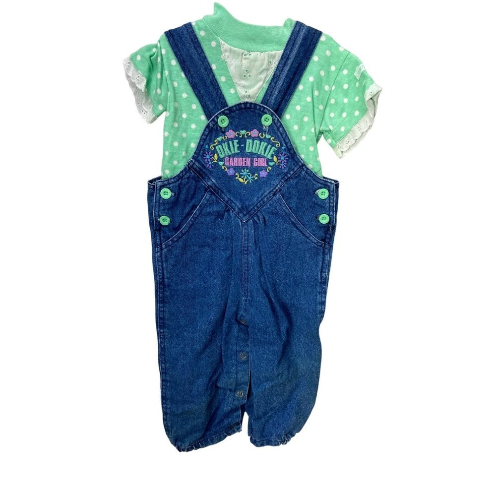 Okie‎ Dokie Garden Girl Blue Jeans Overalls With Green Polka Dotted Shirt Outfit